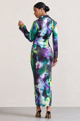 Watercolour Print Satin Long-Sleeved Maxi Shirt Dress